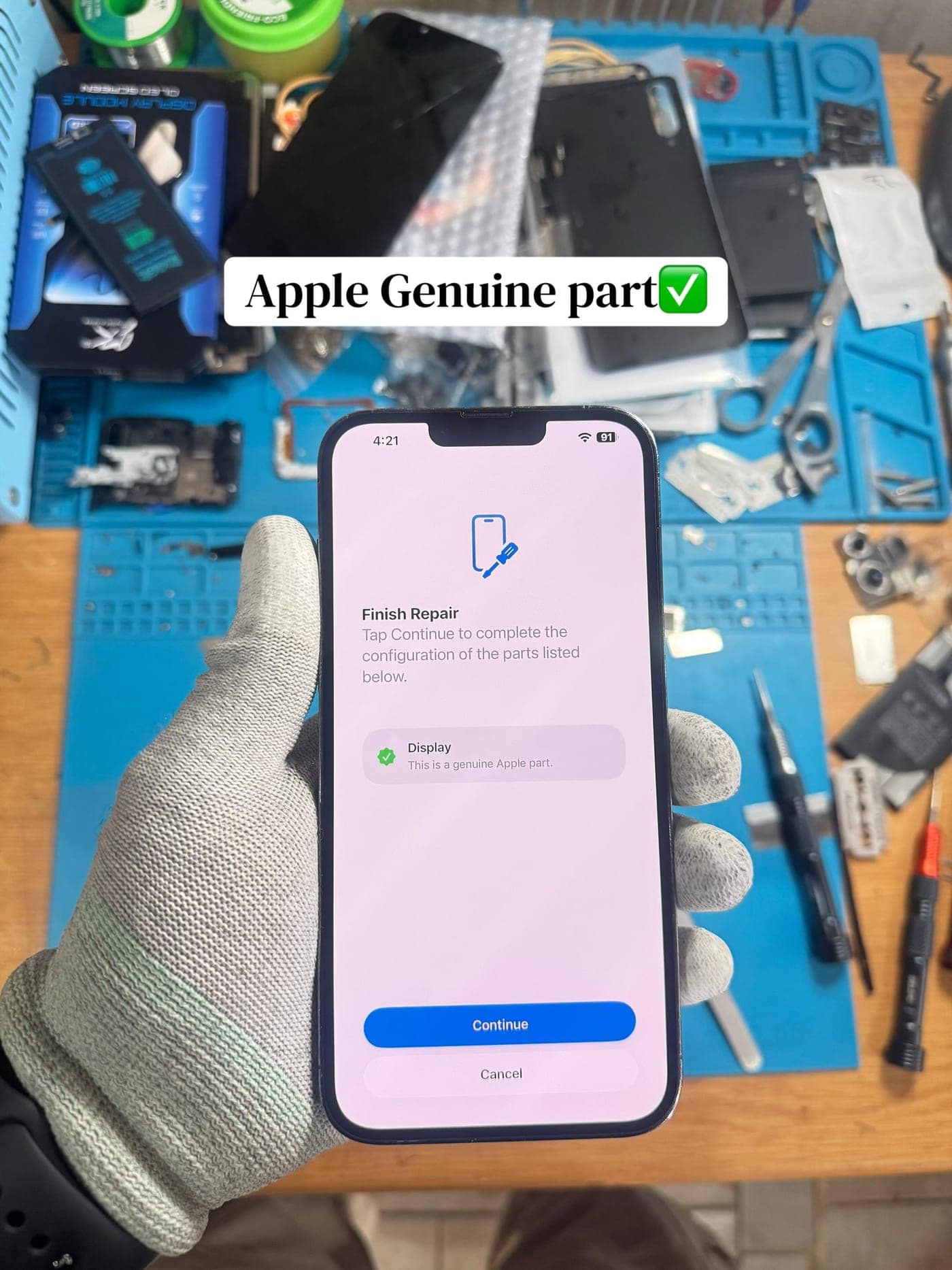 iOS's genuine Apple part confirmation screen shown after a repair